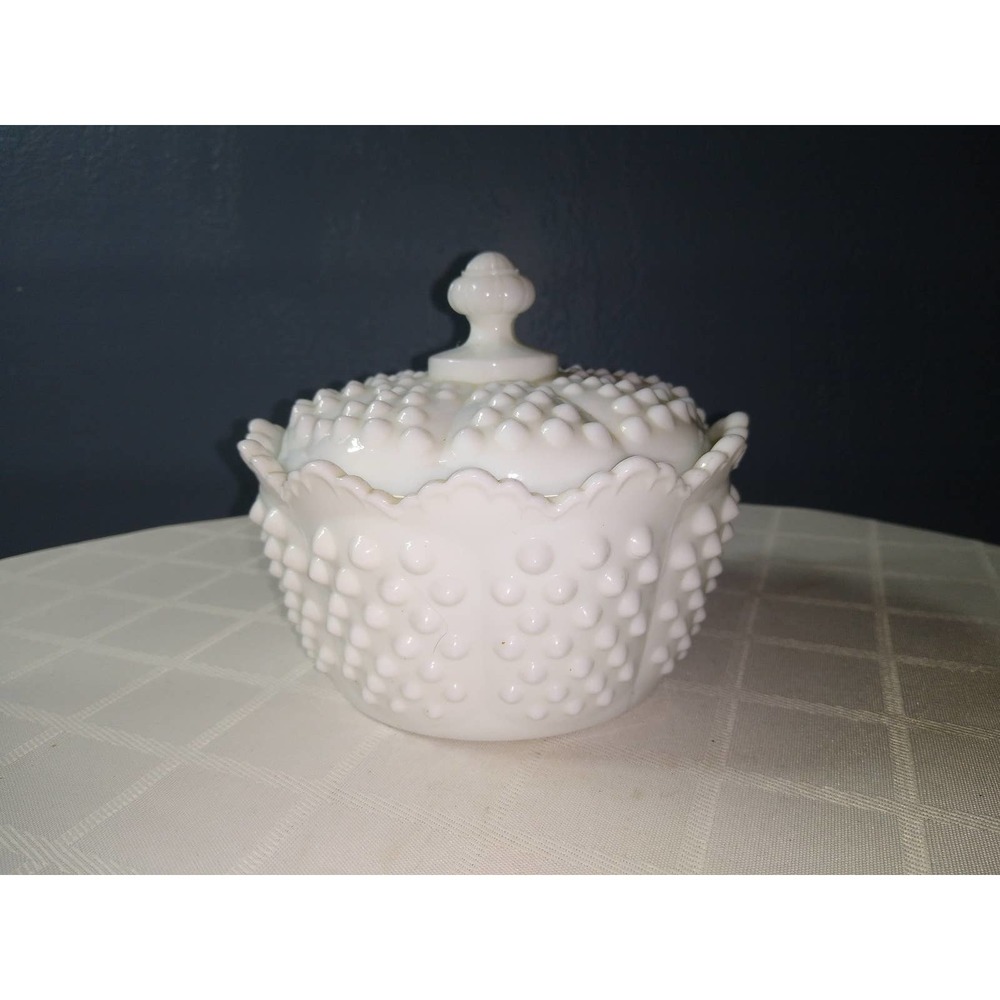 Fenton hobnail milk glass candy jar with lid